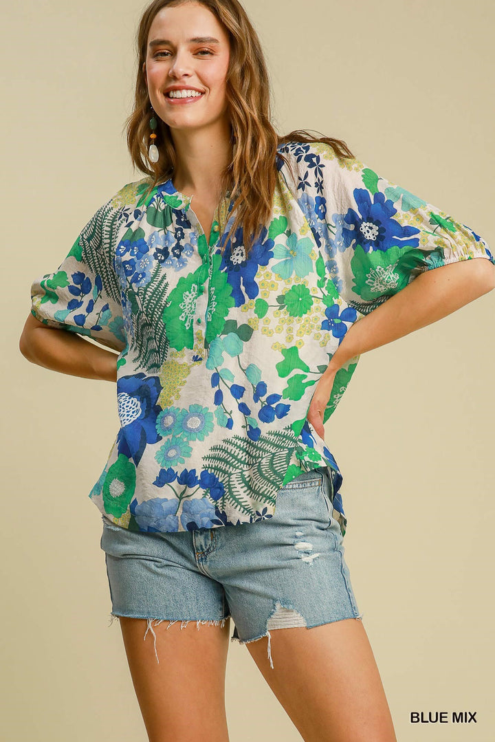 UMGEE Lining Floral Print Button Down Top on Simply Obsessed