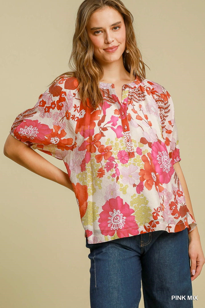 UMGEE Lining Floral Print Button Down Top on Simply Obsessed