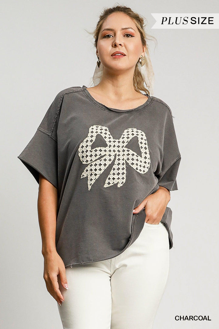 UMGEE Mineral Washed Terry Top w/ Ribbon Lace Applique - CHARCOAL on Simply Obsessed