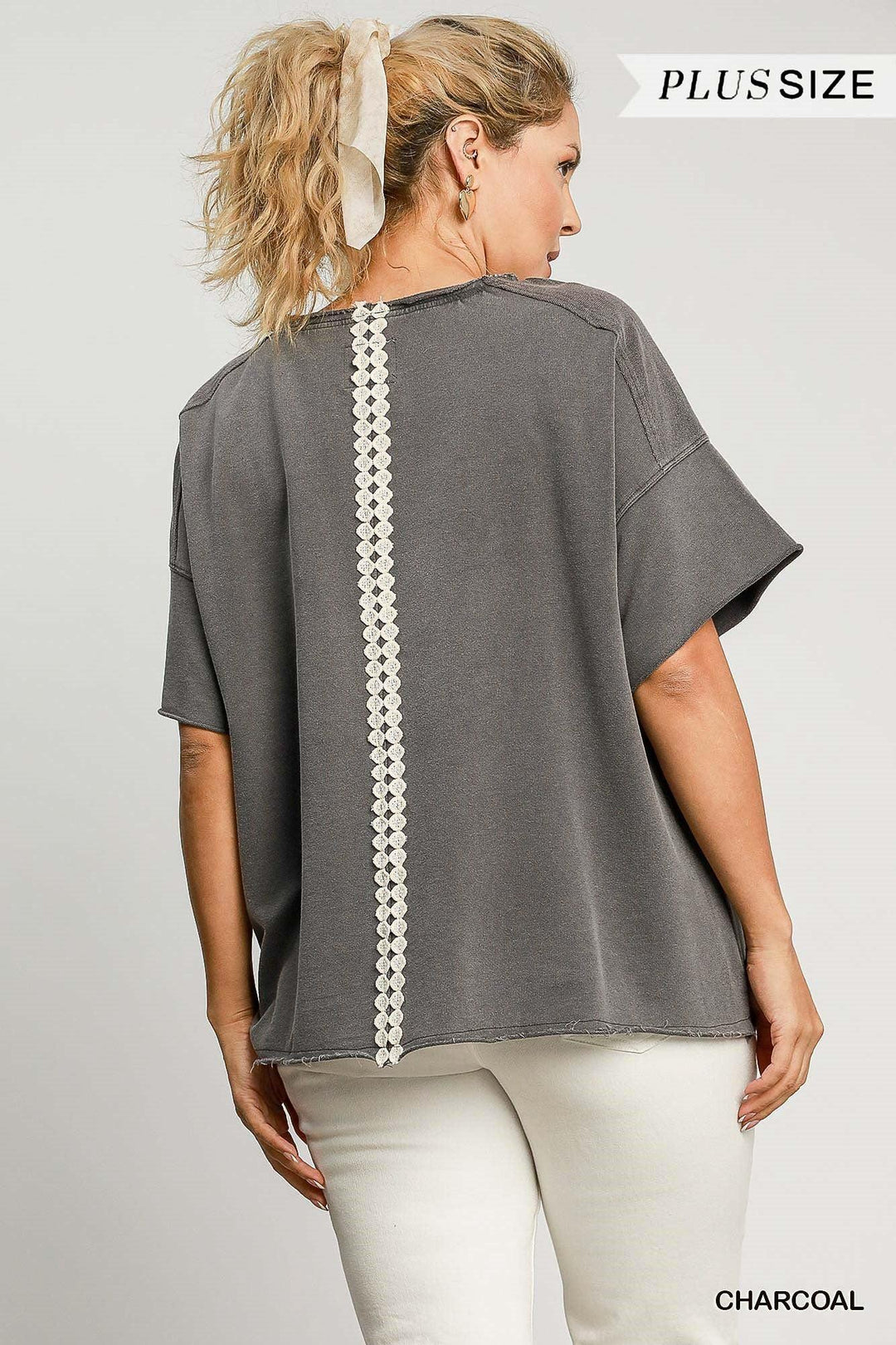 UMGEE Mineral Washed Terry Top w/ Ribbon Lace Applique - CHARCOAL on Simply Obsessed