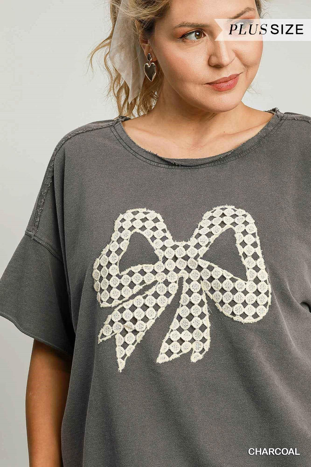 UMGEE Mineral Washed Terry Top w/ Ribbon Lace Applique - CHARCOAL on Simply Obsessed