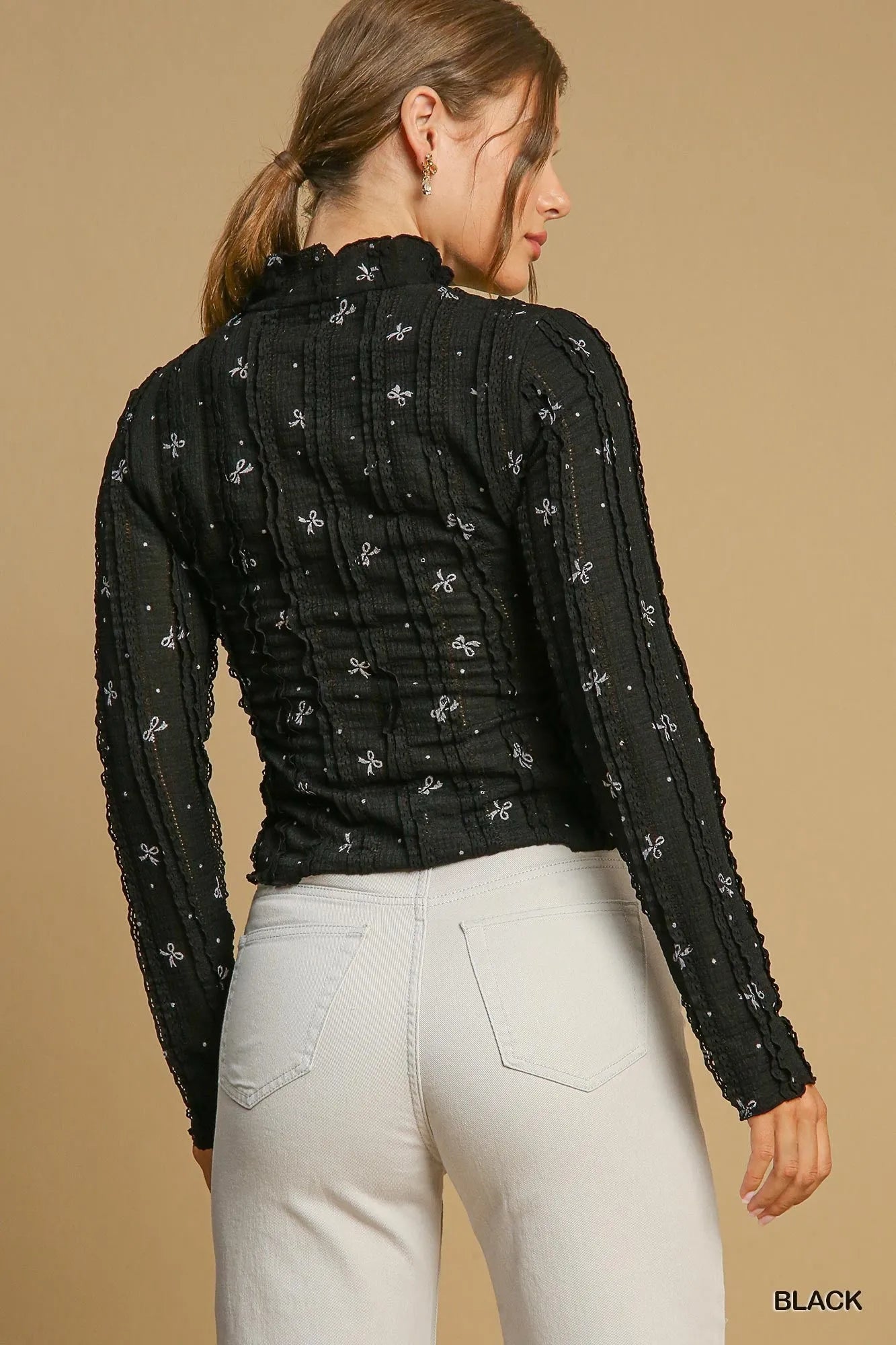 UMGEE Mock Neck Bow Printed Lace Top on Simply Obsessed