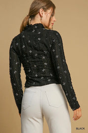 UMGEE Mock Neck Bow Printed Lace Top on Simply Obsessed