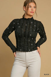 UMGEE Mock Neck Bow Printed Lace Top on Simply Obsessed