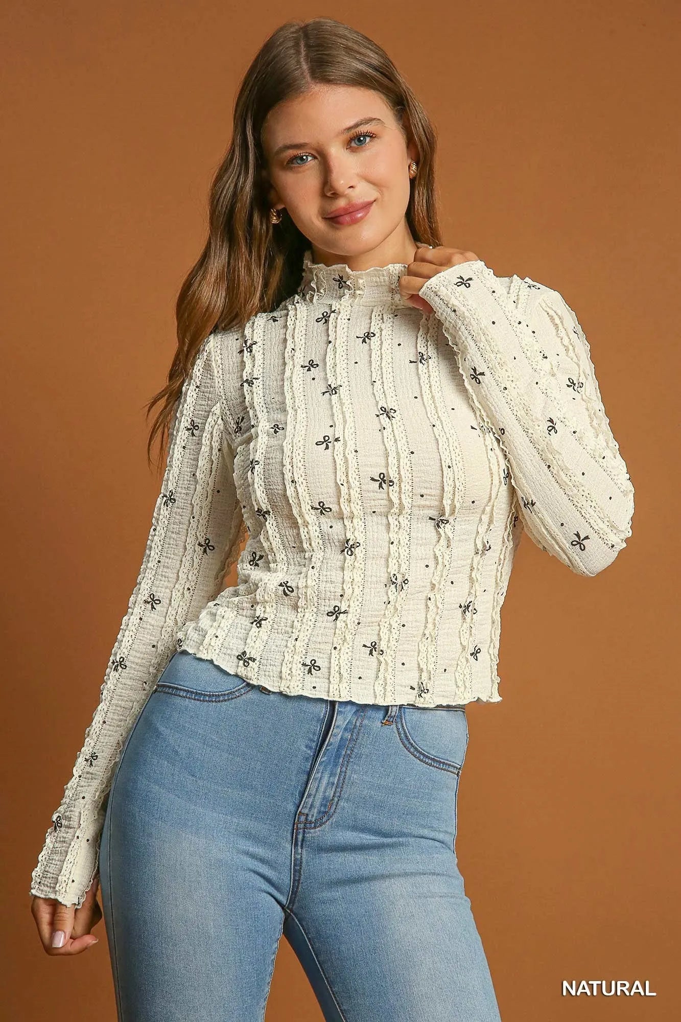 UMGEE Mock Neck Bow Printed Lace Top on Simply Obsessed