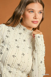 UMGEE Mock Neck Bow Printed Lace Top on Simply Obsessed