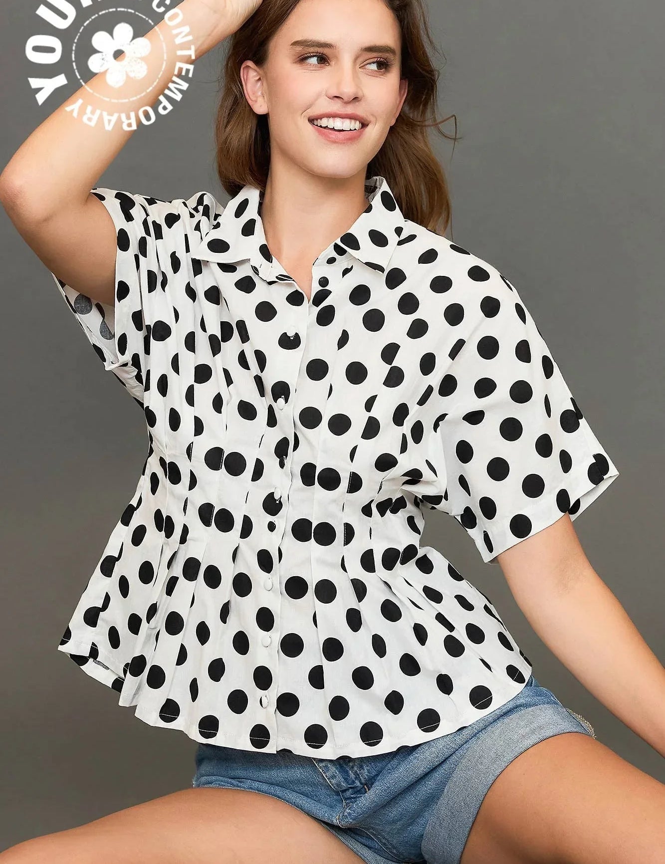 UMGEE Polka Dot Collared Button Down Top - OFF WHITE on Simply Obsessed