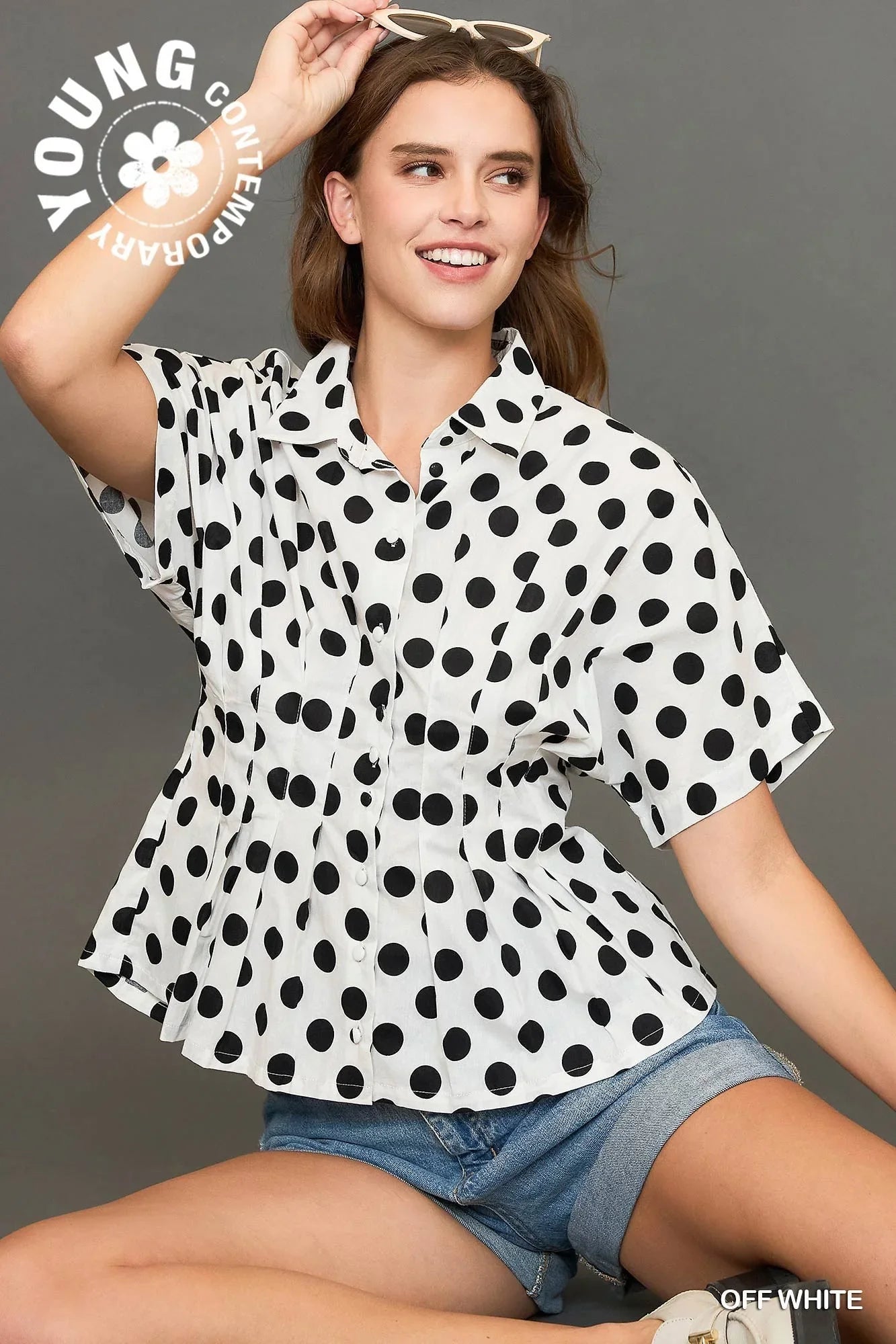 UMGEE Polka Dot Collared Button Down Top - OFF WHITE on Simply Obsessed
