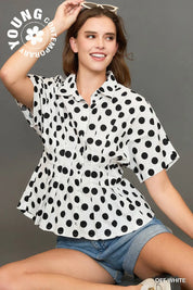 UMGEE Polka Dot Collared Button Down Top - OFF WHITE on Simply Obsessed