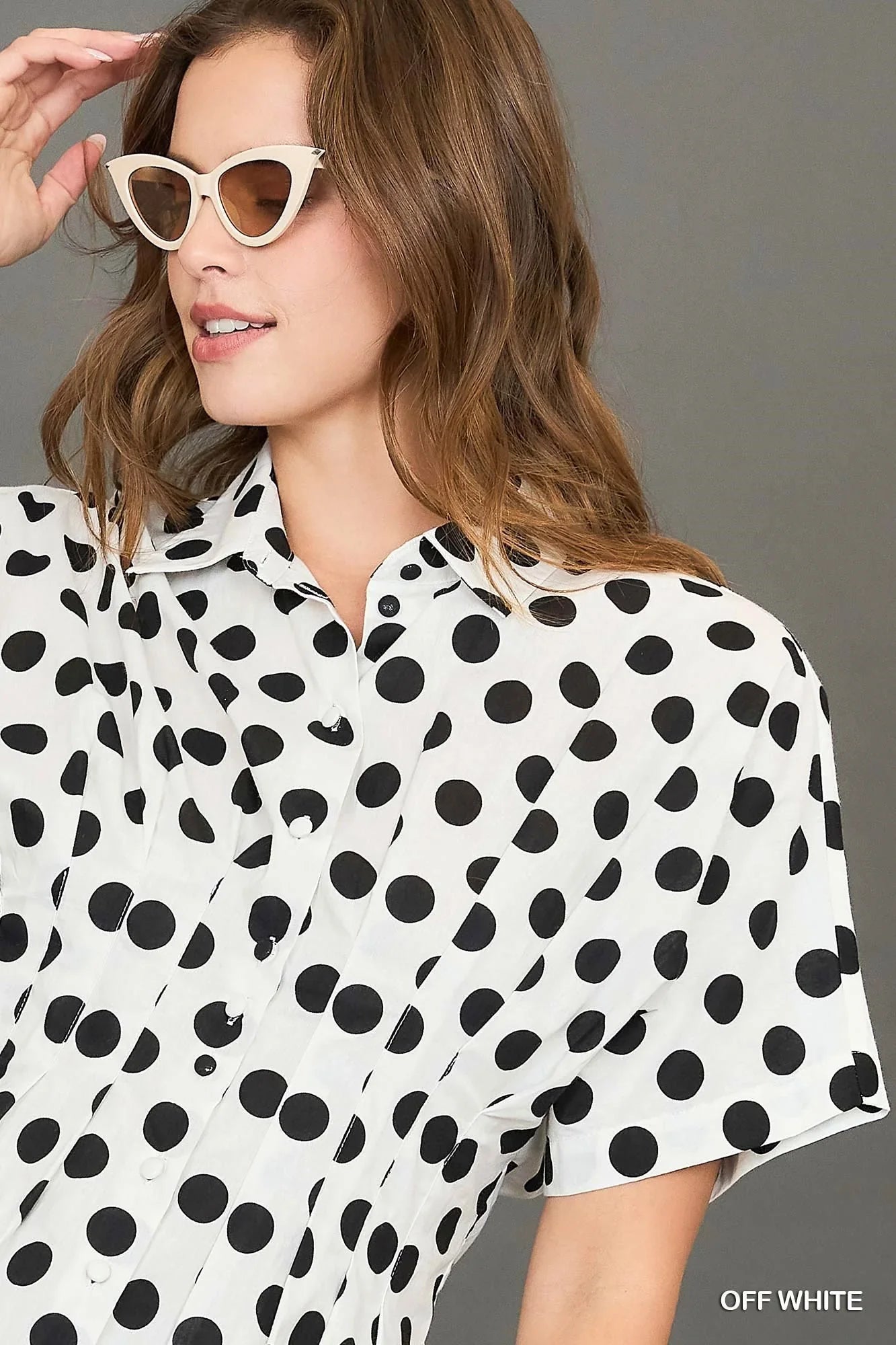 UMGEE Polka Dot Collared Button Down Top - OFF WHITE on Simply Obsessed