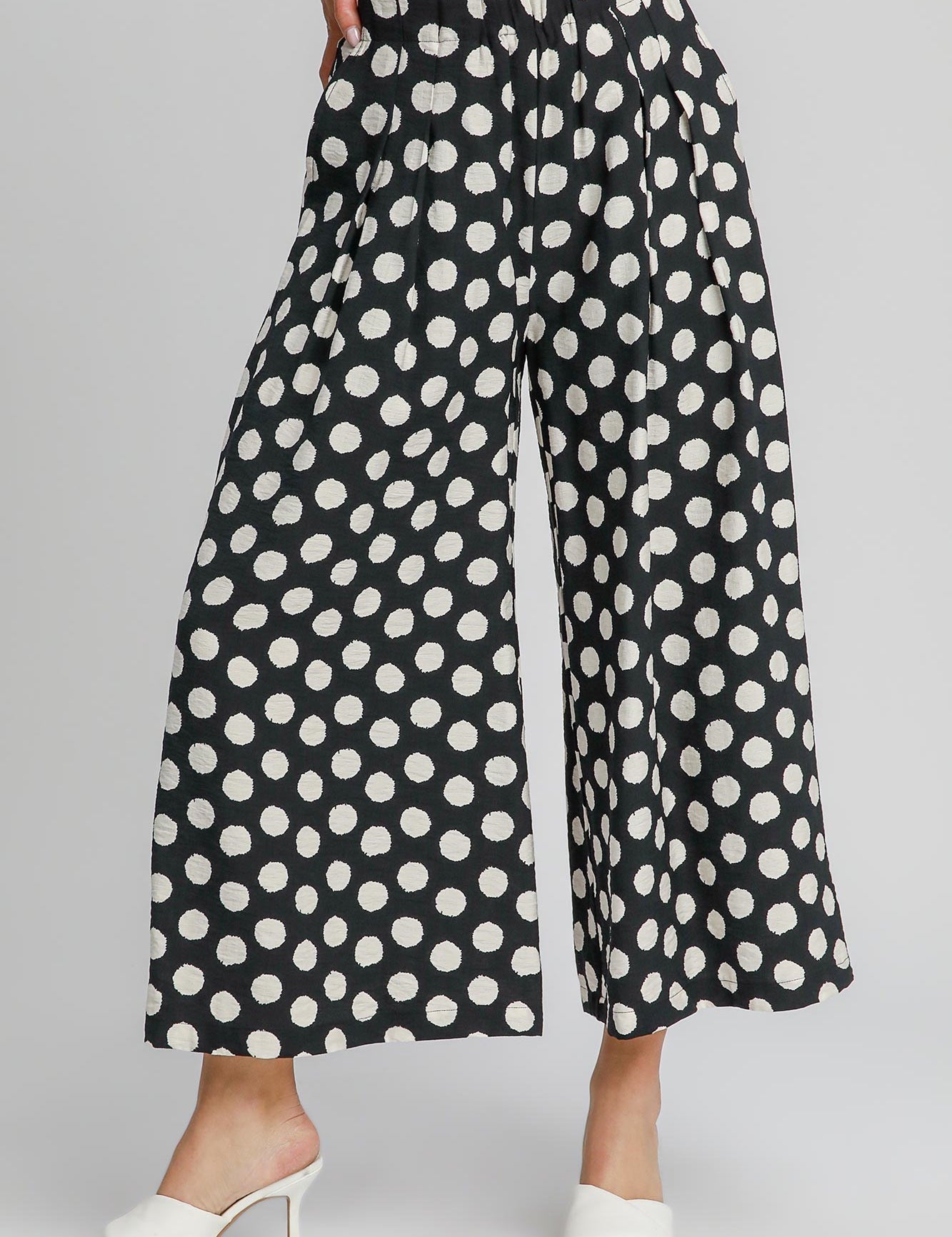 UMGEE Polka Dot Print Wide Leg Pants - BLACK on Simply Obsessed