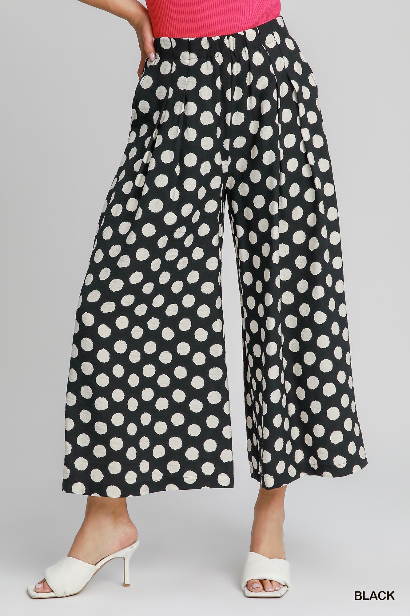 UMGEE Polka Dot Print Wide Leg Pants - BLACK on Simply Obsessed