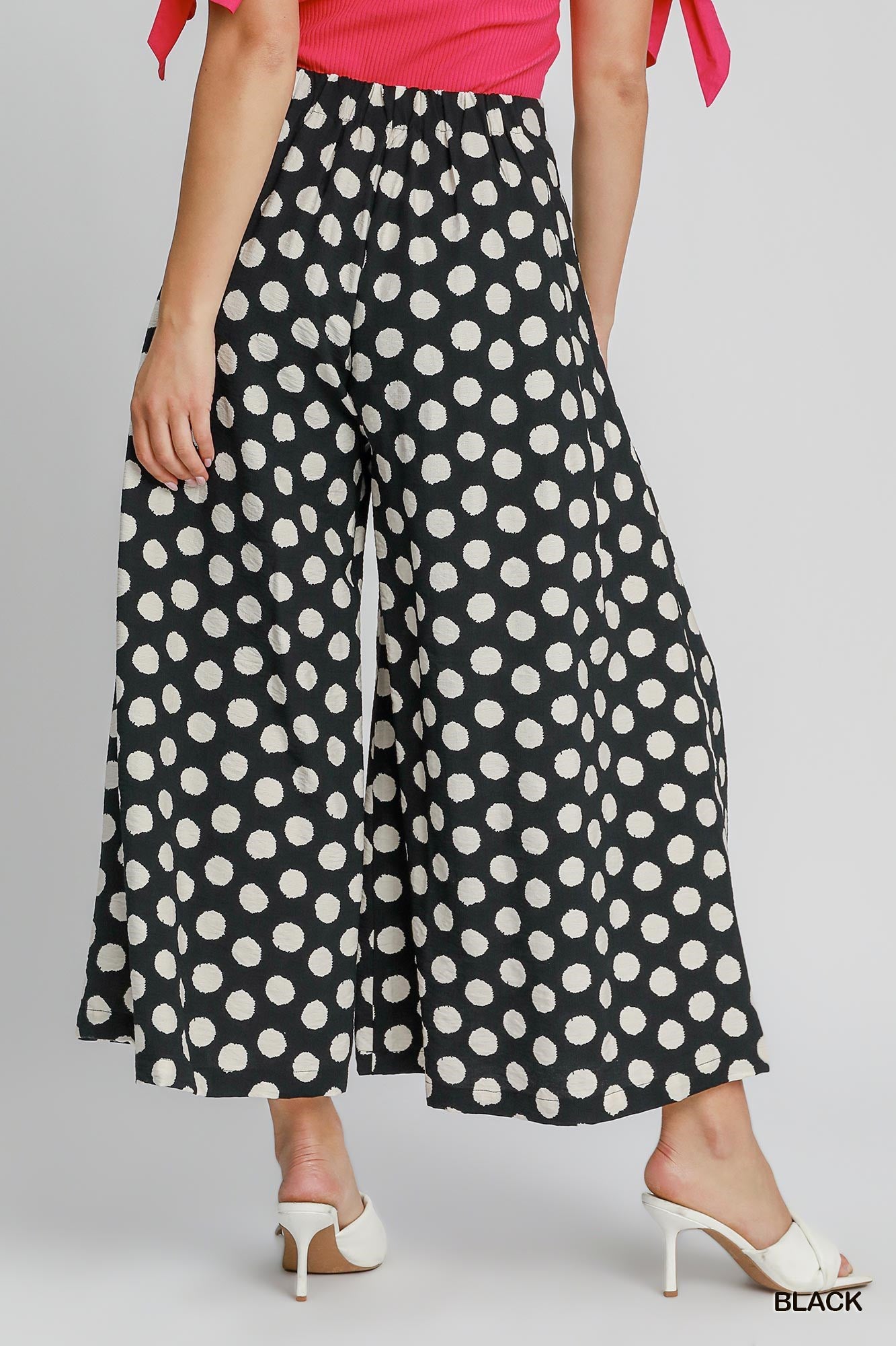 UMGEE Polka Dot Print Wide Leg Pants - BLACK on Simply Obsessed