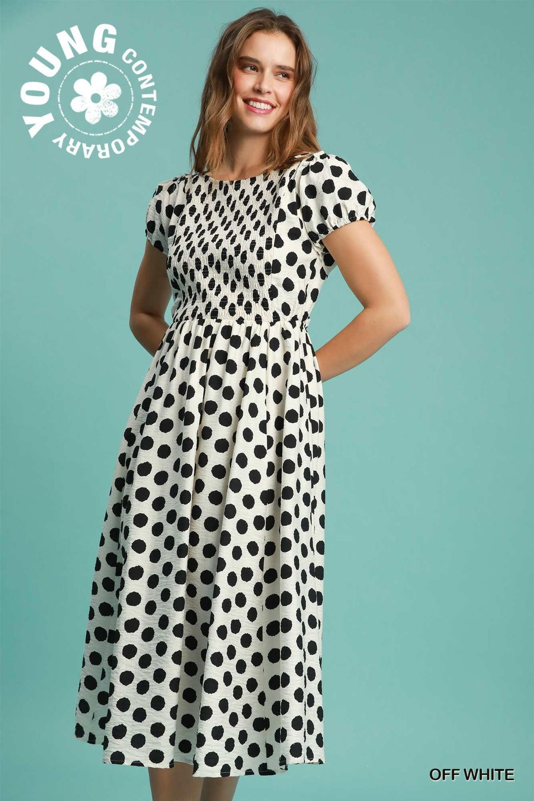 UMGEE Polka Dot Smocked Maxi Dress - OFF WHITE on Simply Obsessed