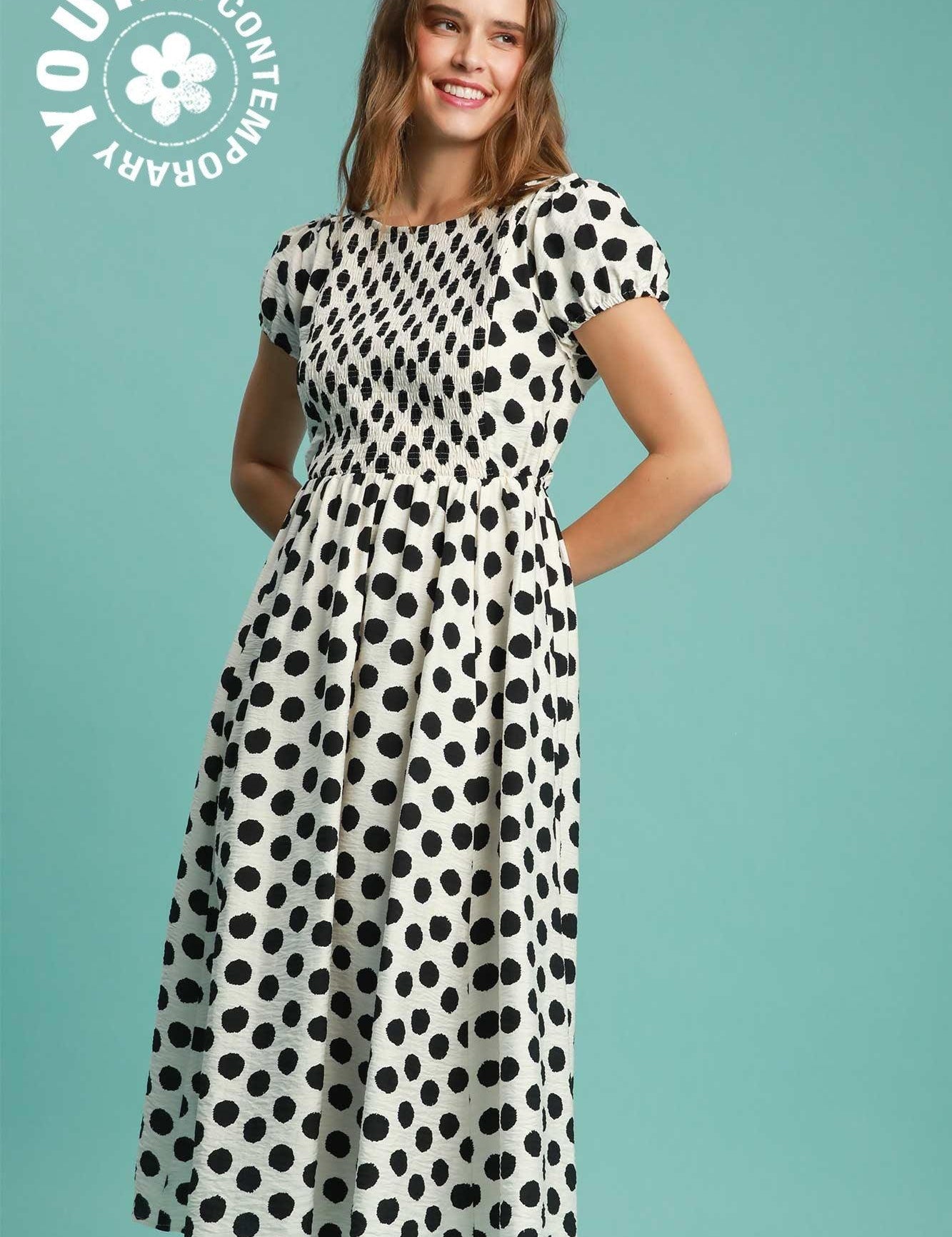 UMGEE Polka Dot Smocked Maxi Dress - OFF WHITE on Simply Obsessed