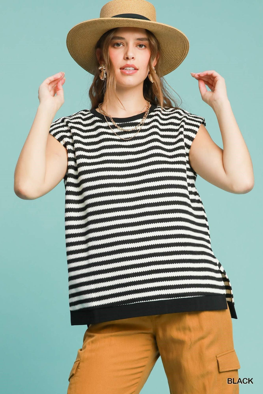 UMGEE Round Neck Stripe Knit Sleeveless Top - BLACK on Simply Obsessed