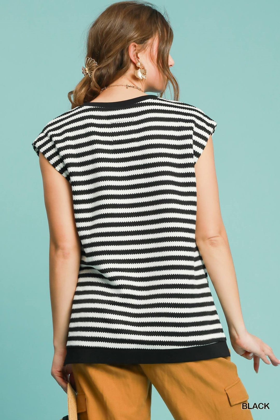 UMGEE Round Neck Stripe Knit Sleeveless Top - BLACK on Simply Obsessed