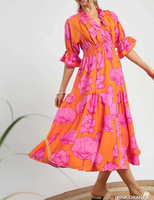 UMGEE Smocked V-Neck Maxi Dress - PINK/ORANGE MEDIUM UMGEE Smocked V-Neck Maxi Dress - PINK/ORANGE MEDIUM