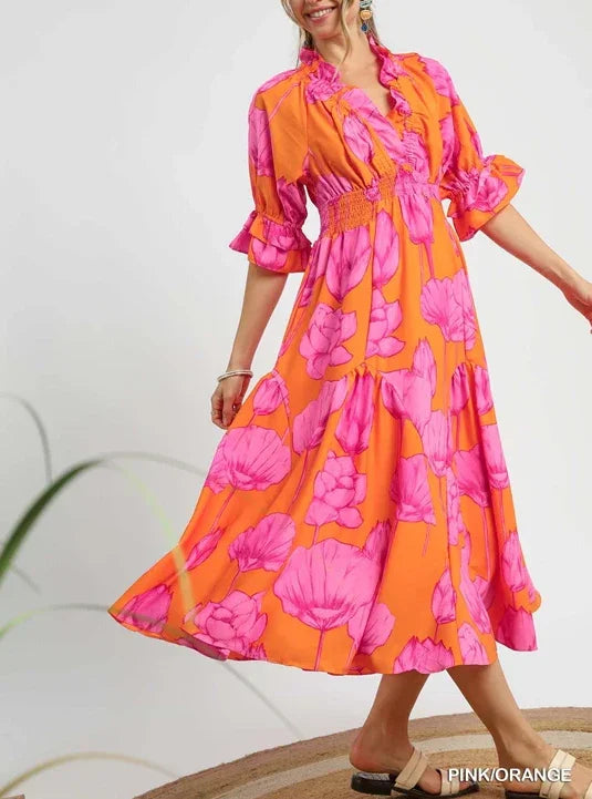 UMGEE Smocked V-Neck Maxi Dress - PINK/ORANGE on Simply Obsessed
