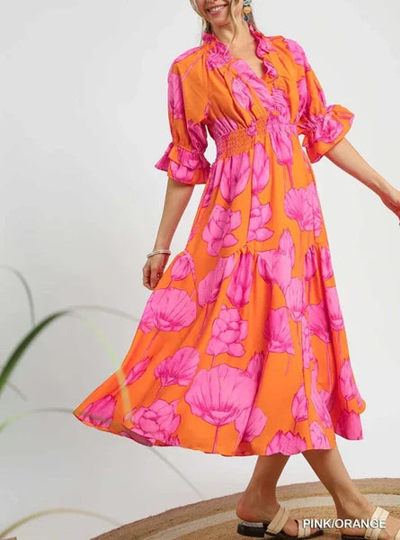 Umgee Smocked V-Neck Maxi Dress