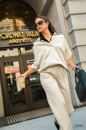 UMGEE V-Neck Collared Polo Long Sleeve Sweatshirt - BIEGE on Simply Obsessed