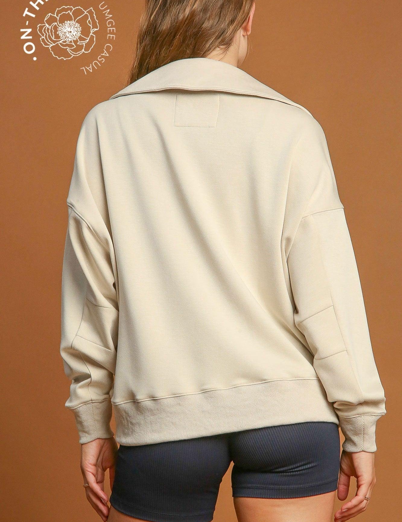 UMGEE V-Neck Collared Polo Long Sleeve Sweatshirt - BIEGE on Simply Obsessed