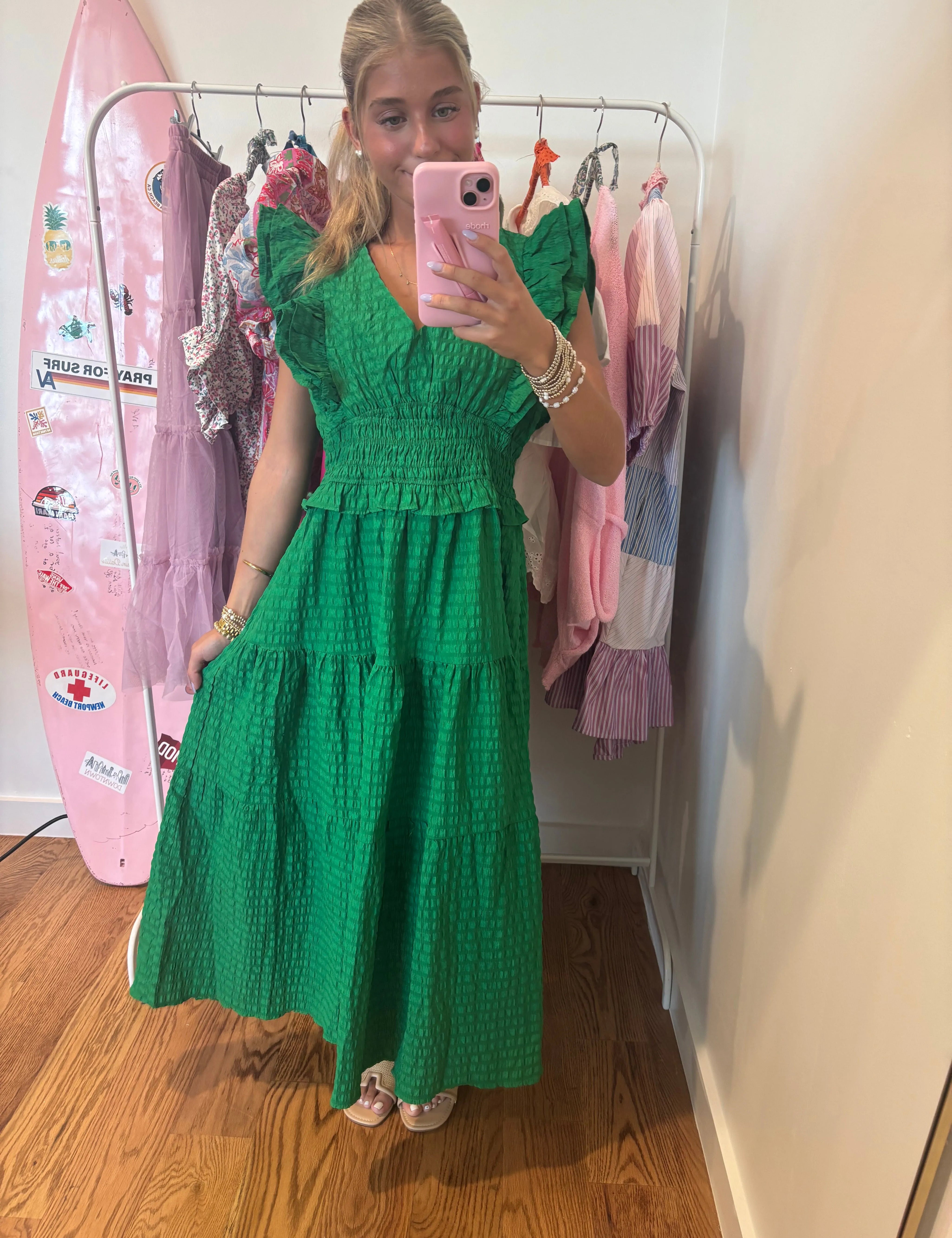 UMGEE V-Neck Smock Waist Ruffle Midi Dress - GREEN on Simply Obsessed