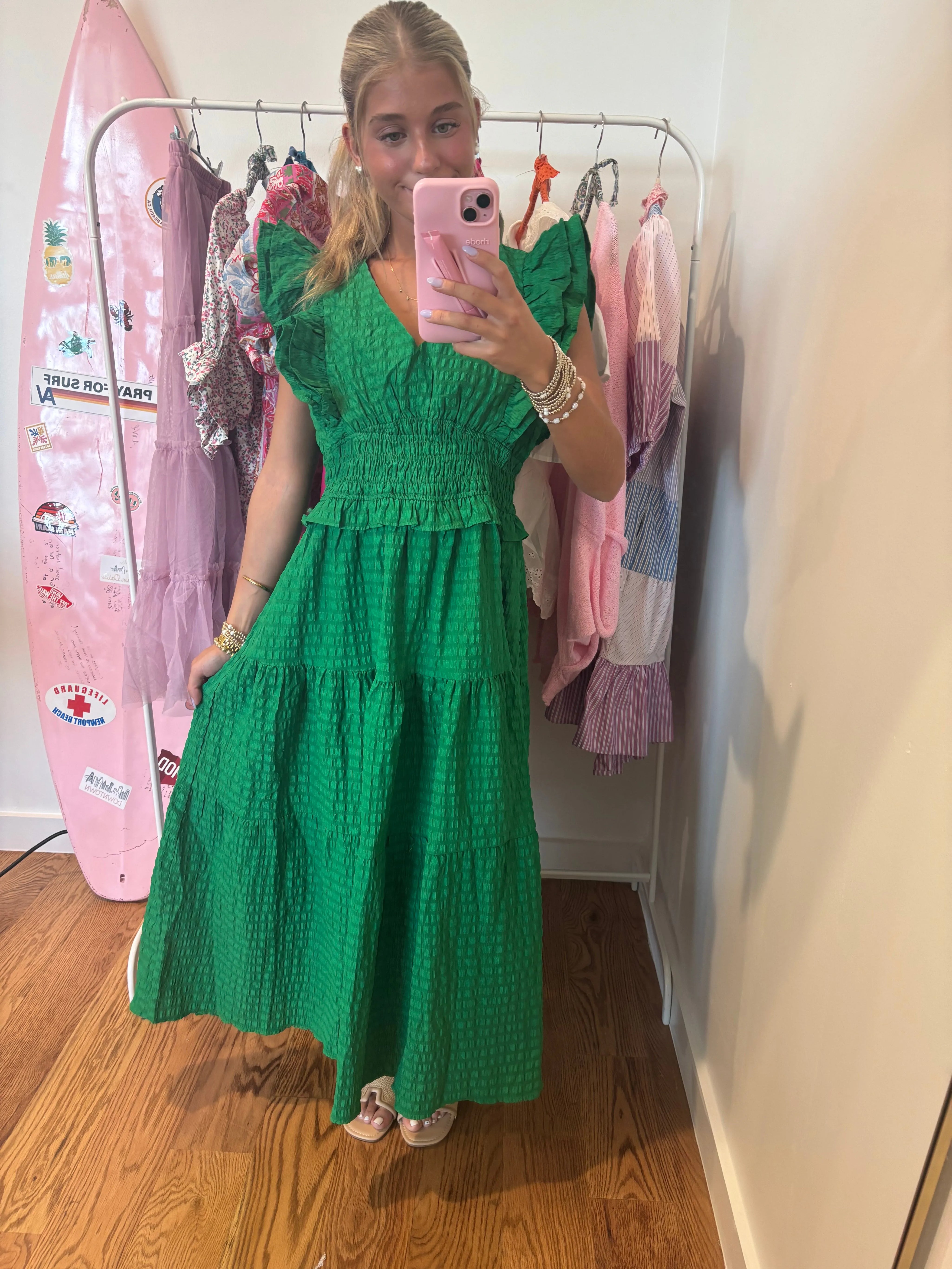 UMGEE V-Neck Smock Waist Ruffle Midi Dress - GREEN on Simply Obsessed