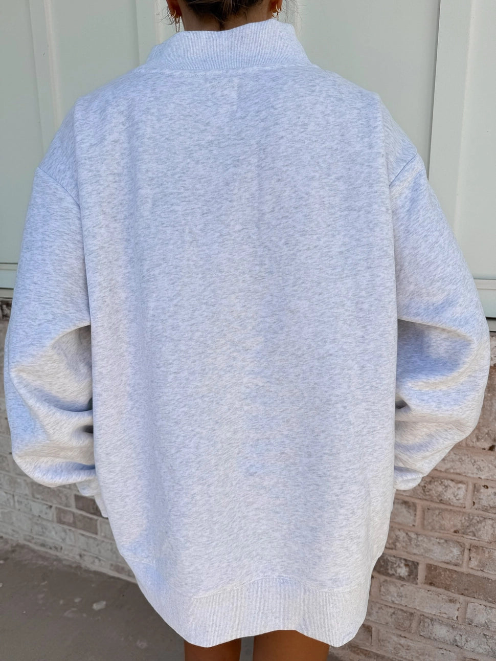 SUNKISSED COCONUT Pearl Grey Navy Blue Polka Dot USA Mockneck Sweatshirt on Simply Obsessed
