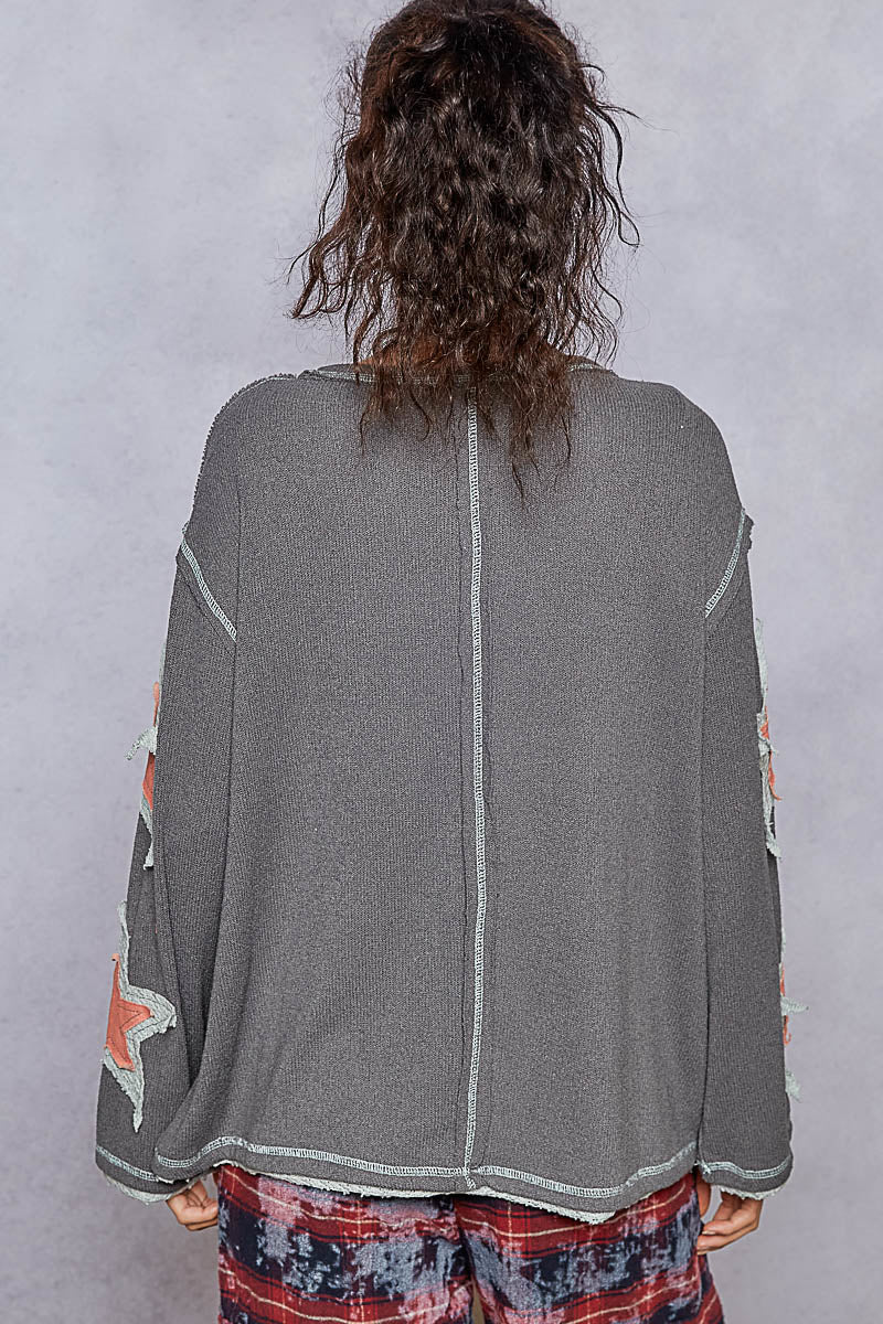 POL Knit USA Patchwork Sweater-Charcoal **VEGAS LIVES** on Simply Obsessed