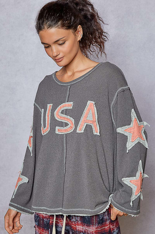 POL Knit USA Patchwork Sweater-Charcoal **VEGAS LIVES** on Simply Obsessed