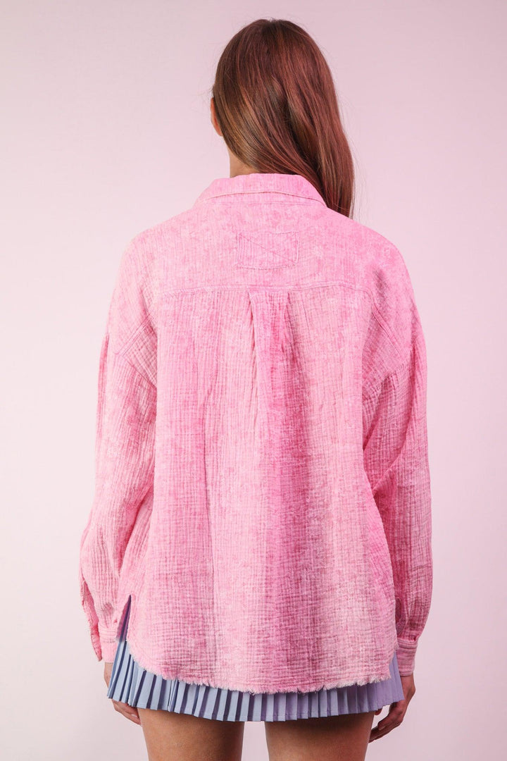 VERY J Mineral Washed Gauze Button Down Shirt - PINK on Simply Obsessed