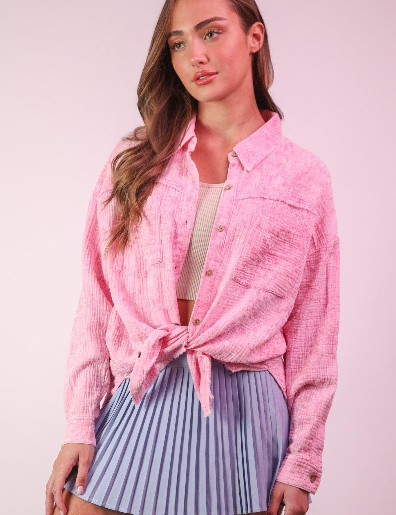VERY J Mineral Washed Gauze Button Down Shirt - PINK on Simply Obsessed