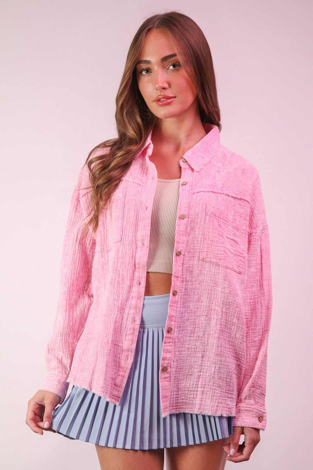 VERY J Mineral Washed Gauze Button Down Shirt - PINK on Simply Obsessed