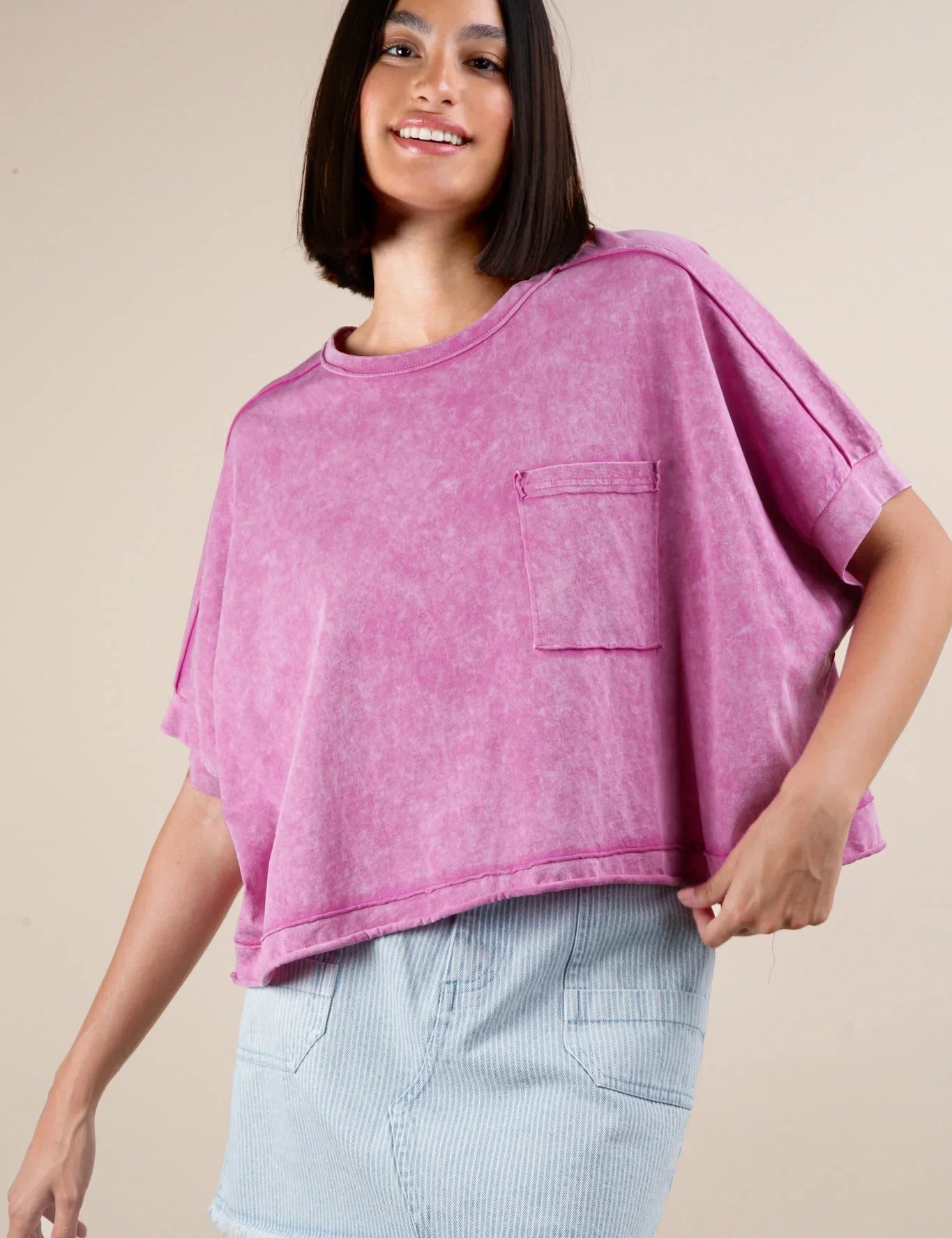 VERY J Mineral Washed Oversized Crop Comfy Top - ORCHID on Simply Obsessed
