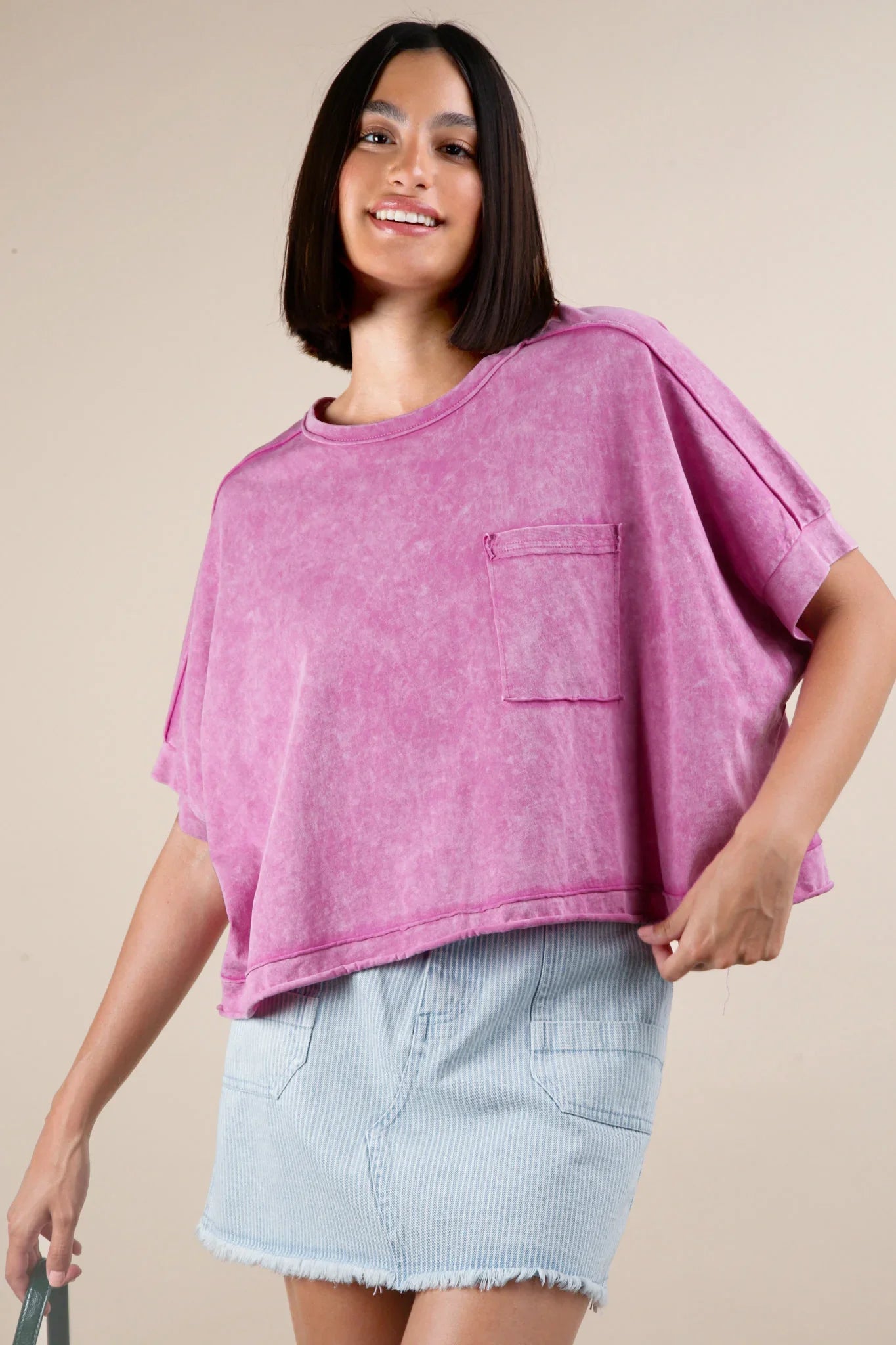 VERY J Mineral Washed Oversized Crop Comfy Top - ORCHID on Simply Obsessed