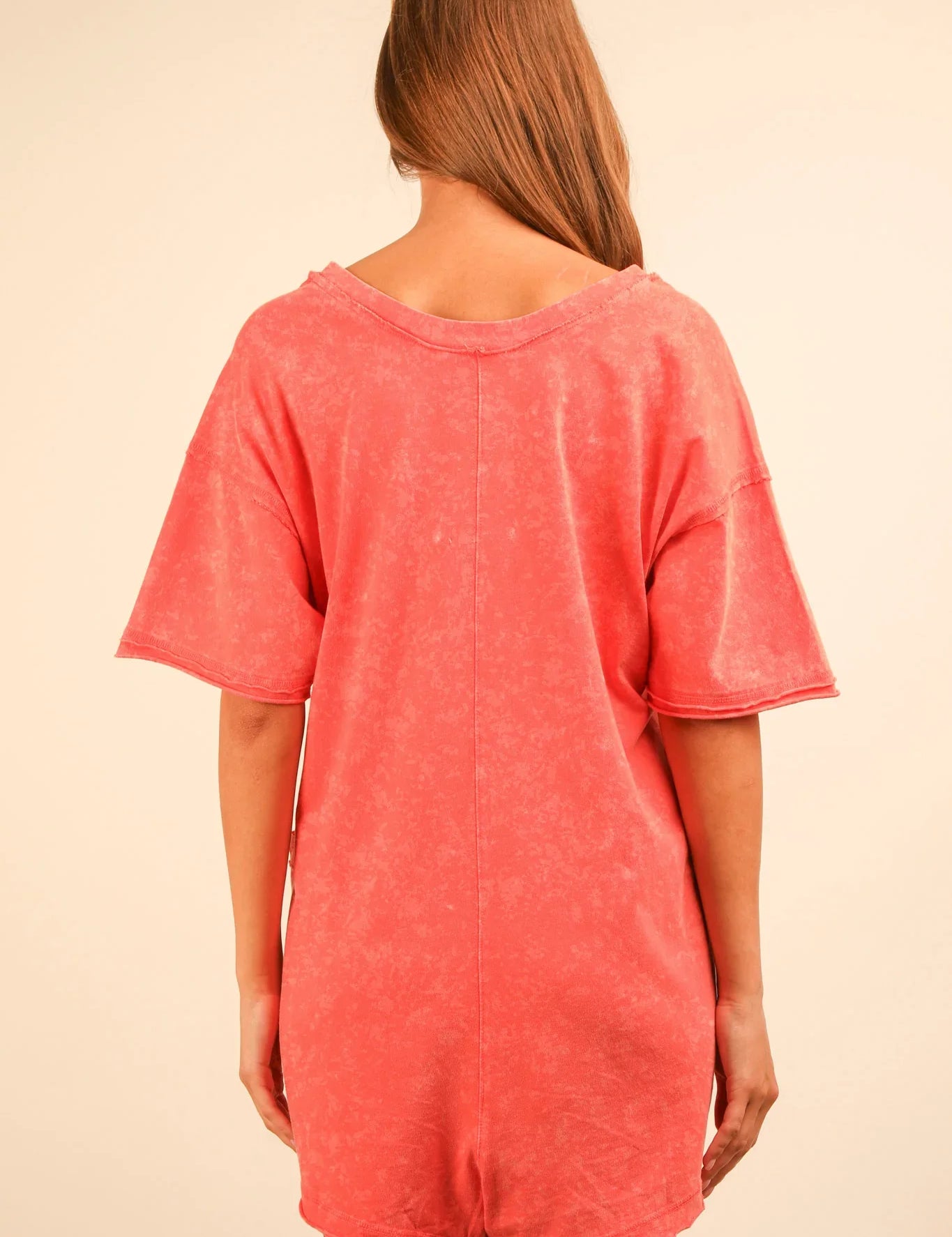 VERY J Mineral Washed Oversized Knit Romper - CORAL on Simply Obsessed