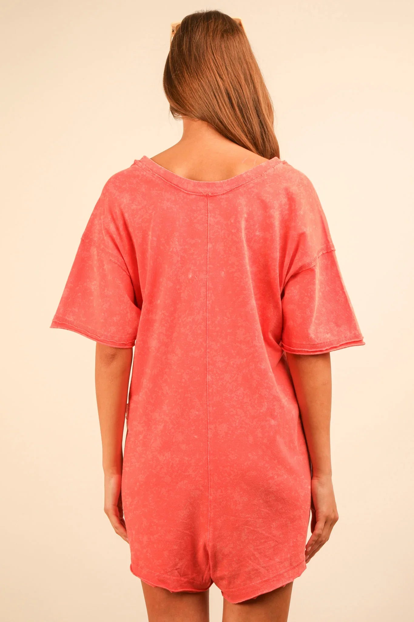 VERY J Mineral Washed Oversized Knit Romper - CORAL on Simply Obsessed