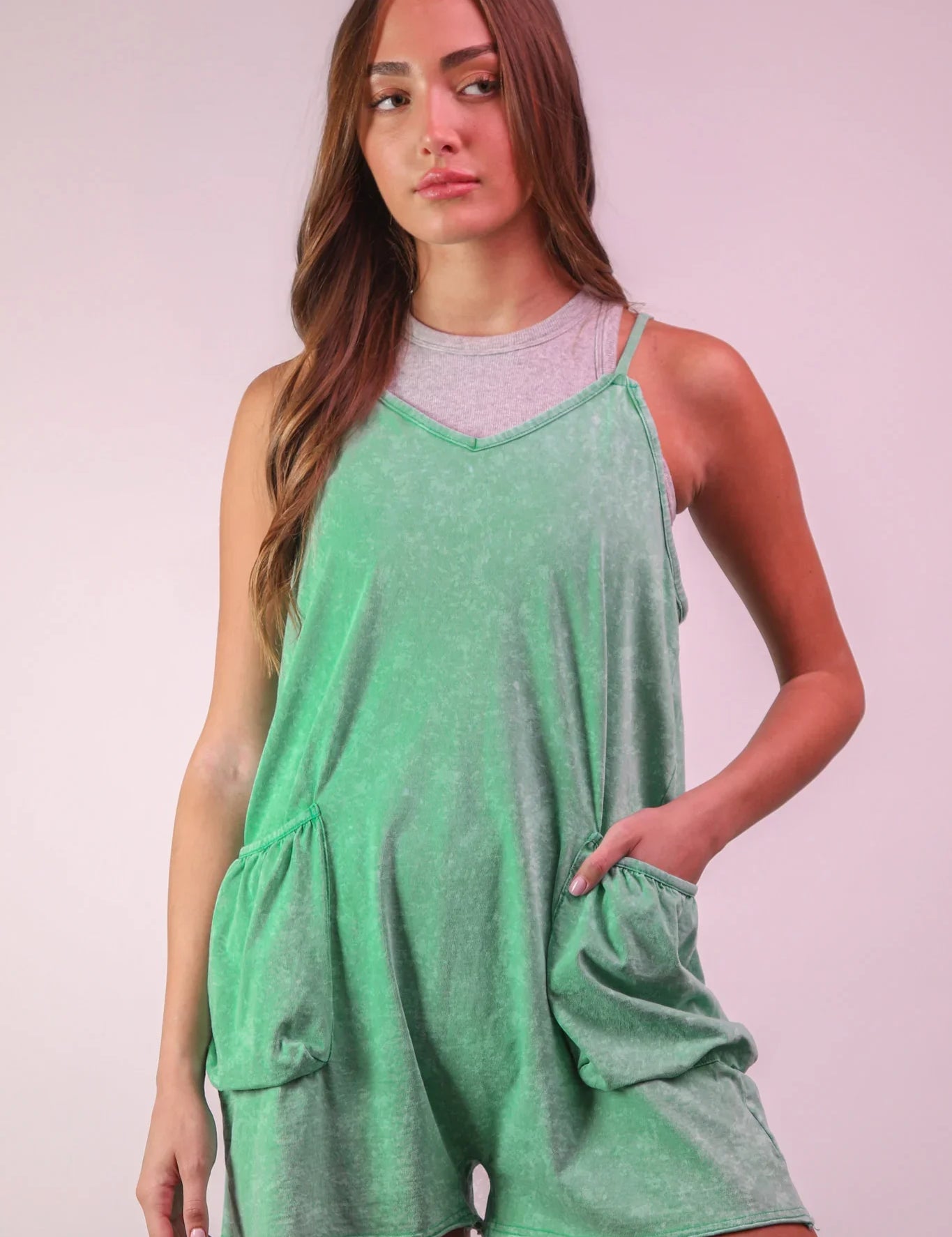 VERY J Mineral Washed Sleeveless Casual Knit Romper on Simply Obsessed