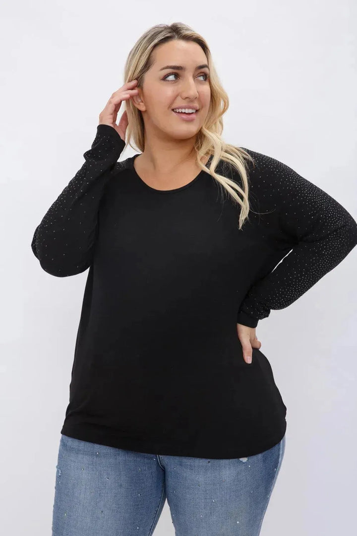 VOCAL Wide Round Neck Long Sleeve Top w/ All Over Rhinestones on Simply Obsessed