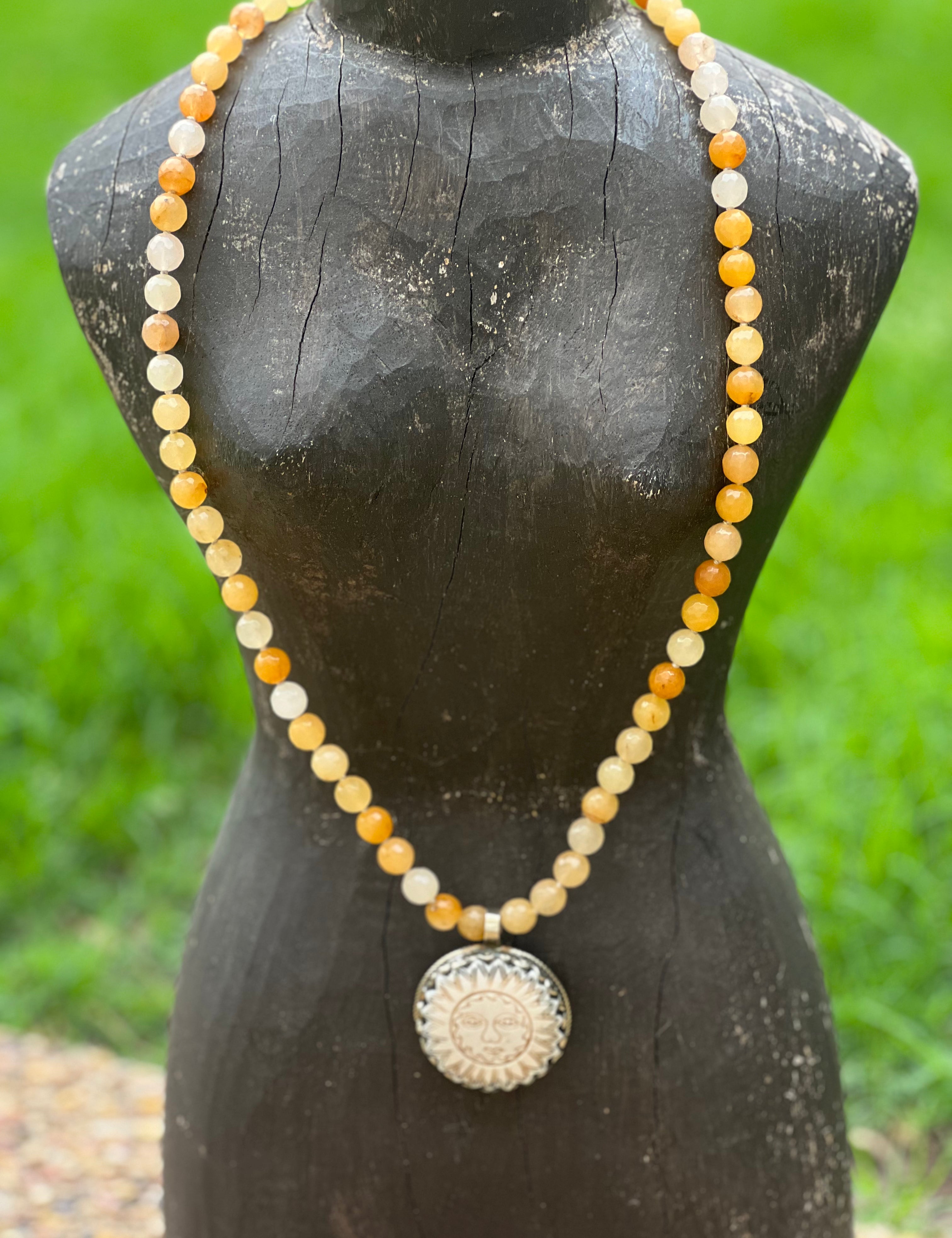 Yellow Carnelian Tibetan Silver Carved Tusk Sun OOAK Necklace on Simply Obsessed
