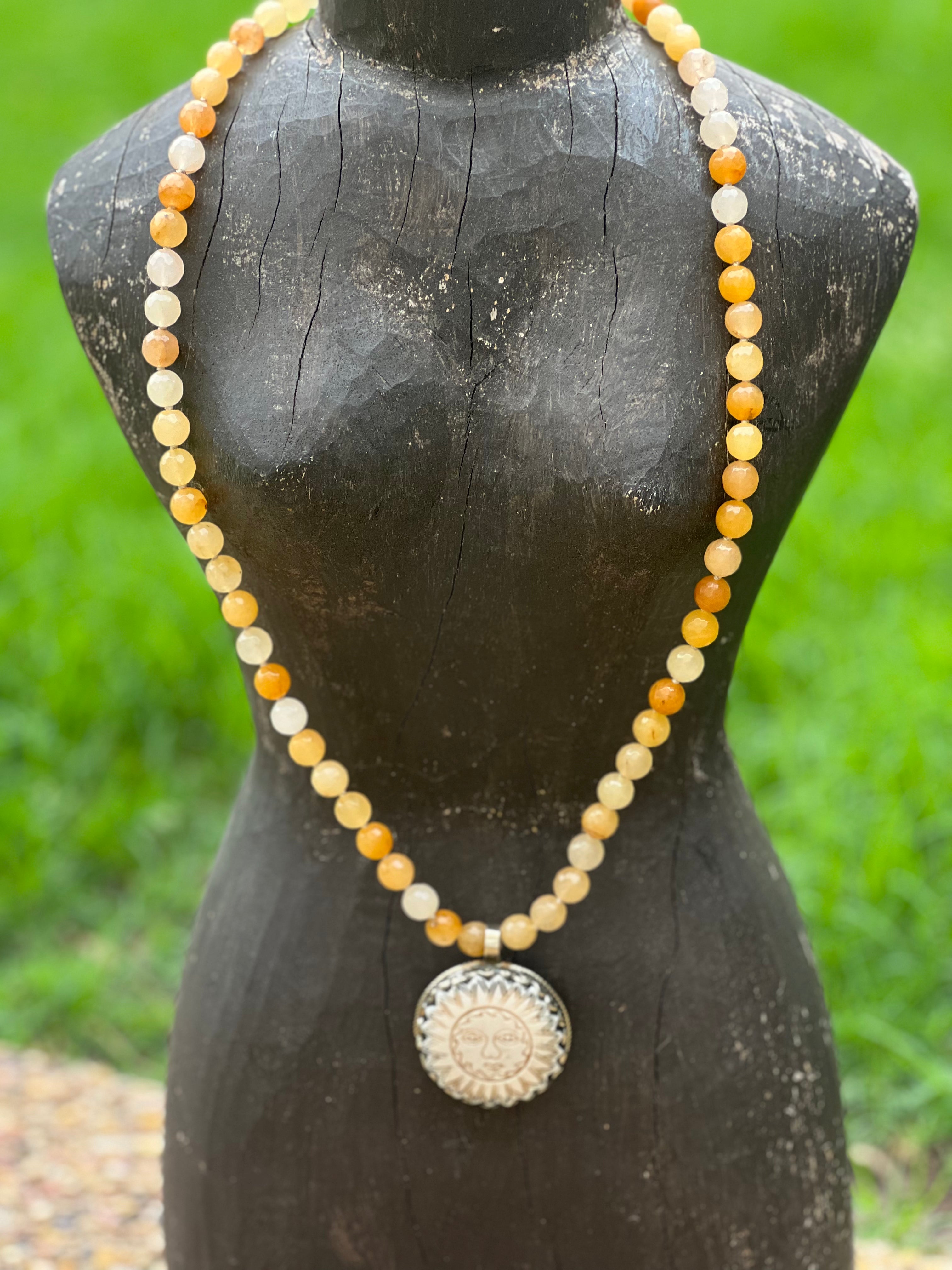 Yellow Carnelian Tibetan Silver Carved Tusk Sun OOAK Necklace on Simply Obsessed